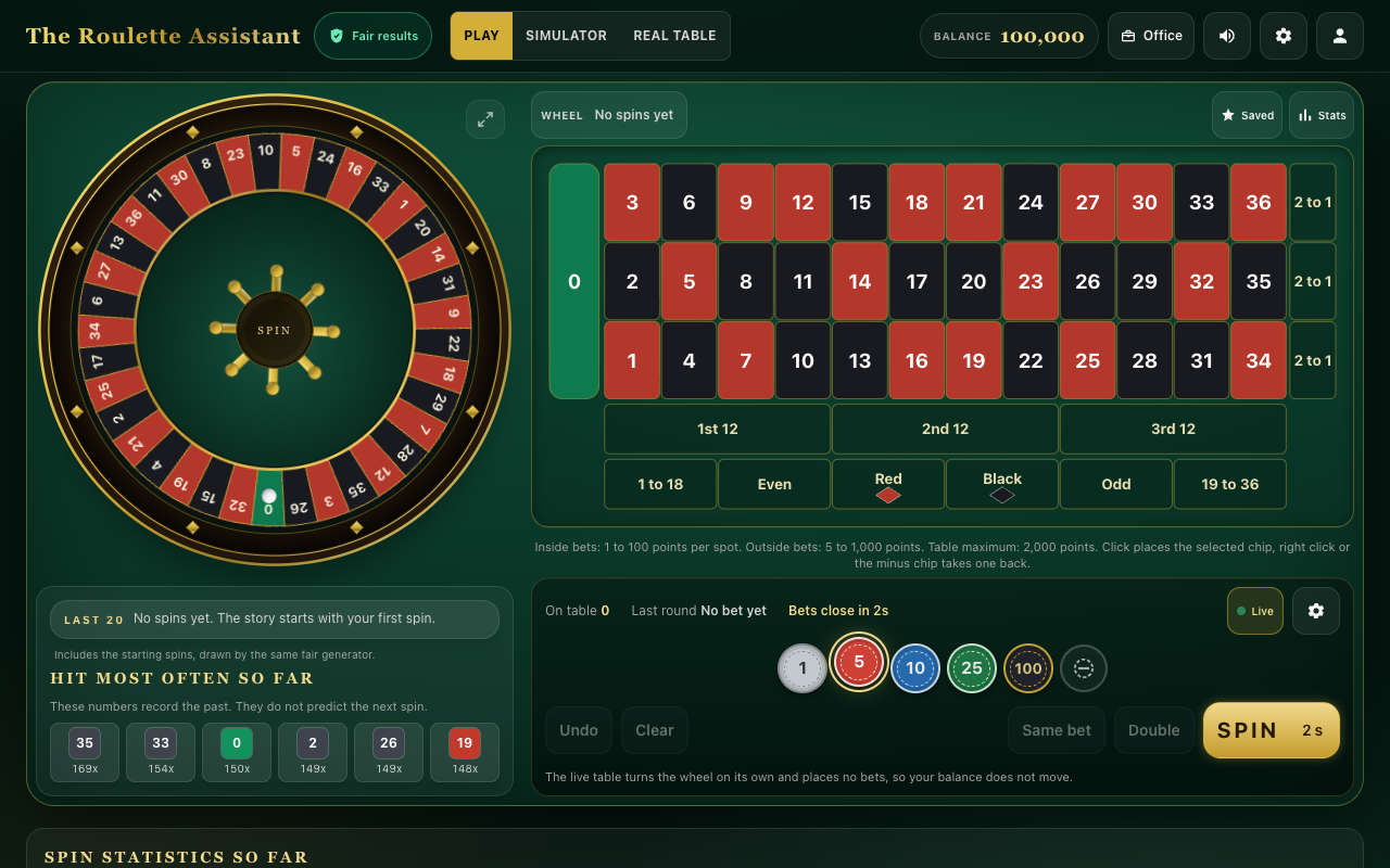 Play: the European wheel and the full betting table.