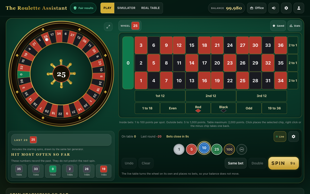 A spin settled, with the round result beside the chips.