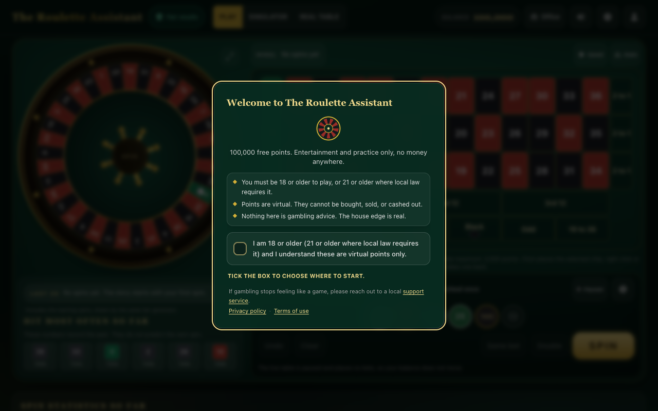 The welcome screen: free virtual points, and the age confirmation every new player ticks.